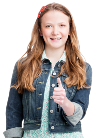 Lauren, age 16, who uses Norditropin, smiles while pointing at the camera